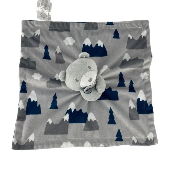 Baby Essentials Grey Teddy Bear Lovey 14" Security Blanket Blue Trees Clouds - Picture 4 of 7